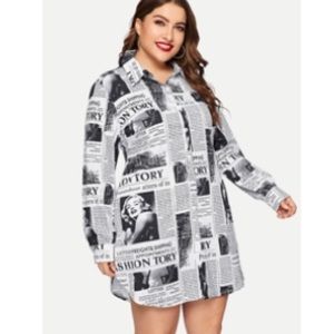 Shein plus newspaper print curved hem shirt dress